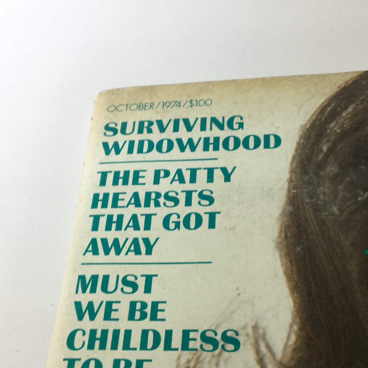 Close-up of the top section of VTG Ms. Magazine October 1974, showcasing the headline 'Surviving Widowhood', alongside other features discussed in the magazine. This part of the cover emphasizes the diverse societal issues addressed in the issue.