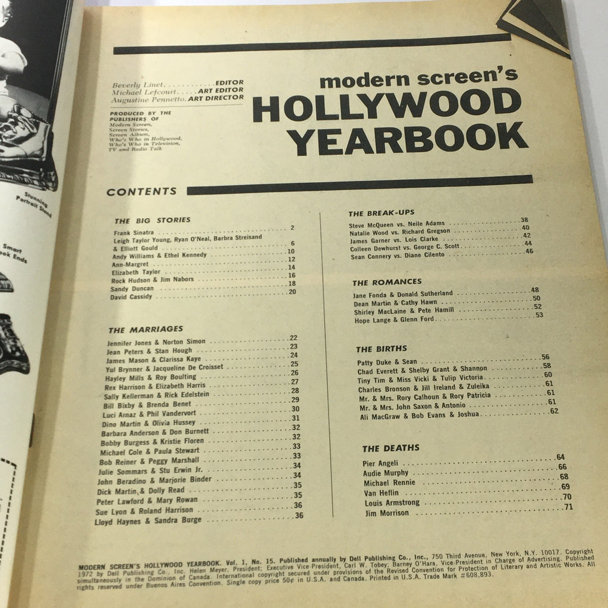 Interior page of the VTG Modern Screen Hollywood Yearbook #15 1972, featuring table of contents including marriages and divorces.