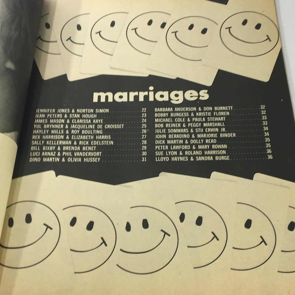 Interior page from the VTG Modern Screen Hollywood Yearbook #15 1972 listing marriages in Hollywood, featuring notable names.