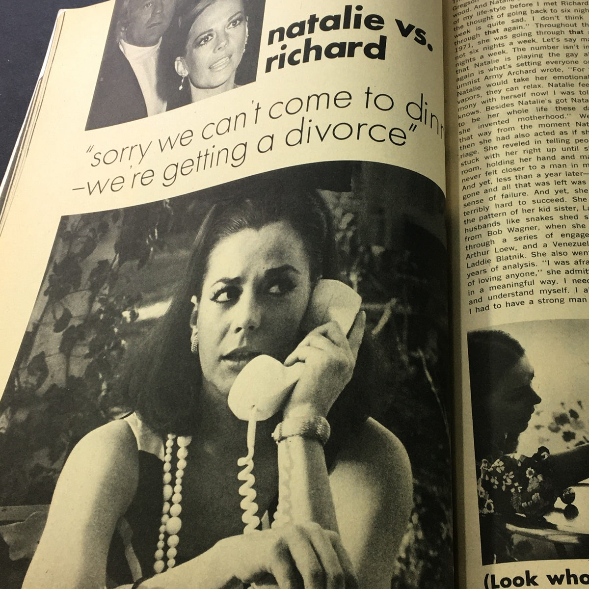 Vintage Modern Screen Hollywood Yearbook #15 1972, showing Natalie on the phone with the words 'sorry we can't come to dinner - we're getting a divorce', illustrating a dramatic moment.