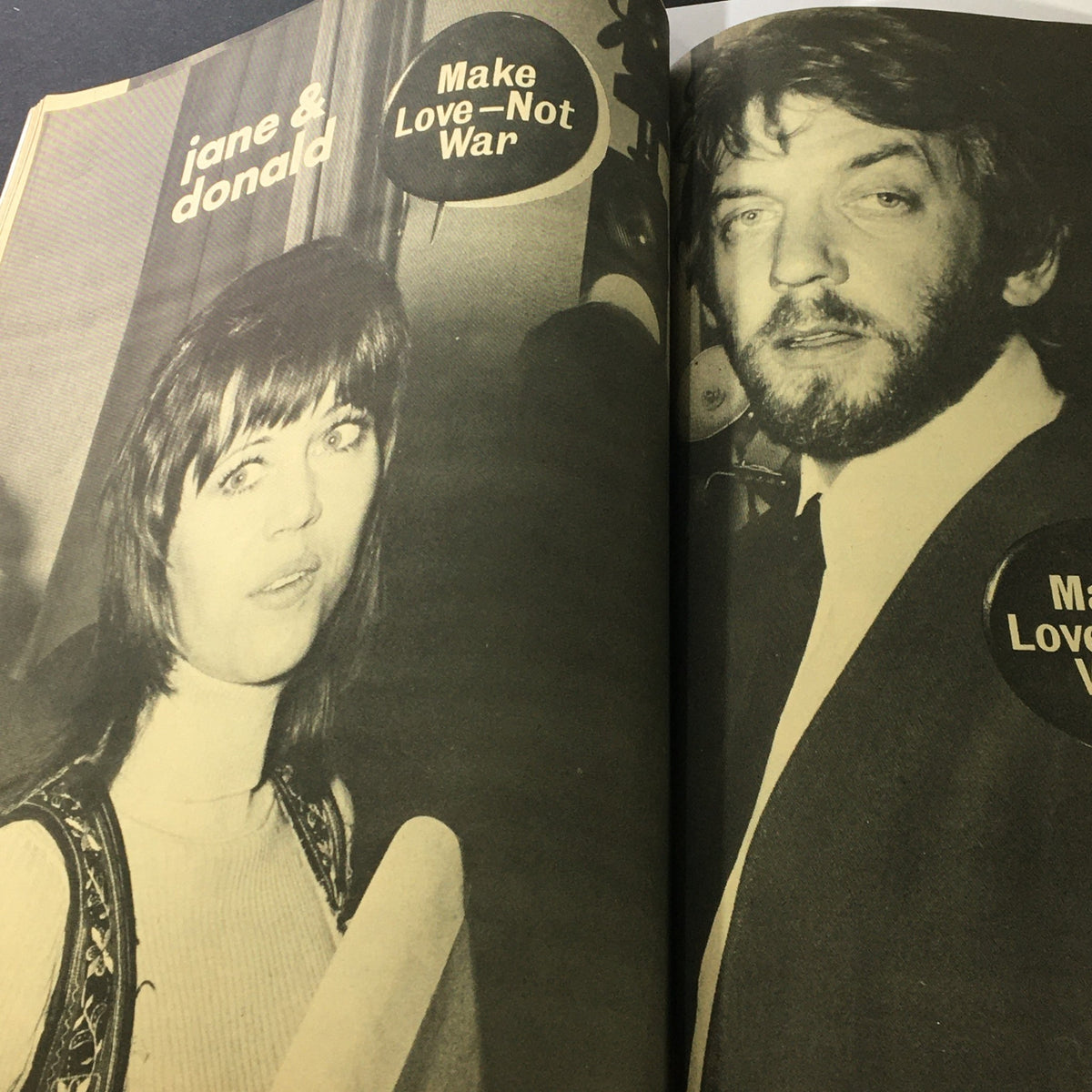 Vintage Modern Screen Hollywood Yearbook #15 1972 depicting Jane and Donald at an event with speech bubbles, promoting the message 'Make Love - Not War', highlighting 1970s culture.