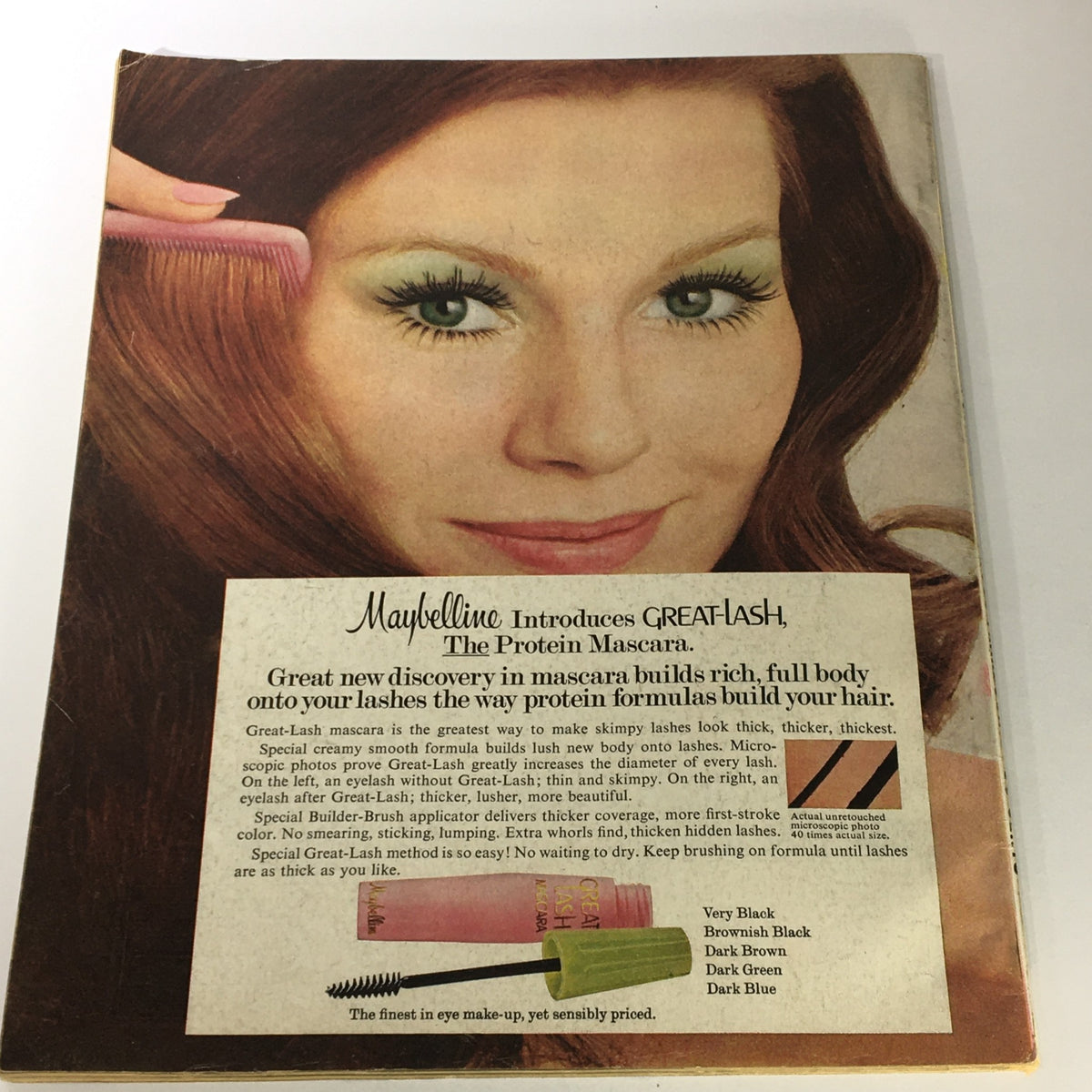 Vintage Modern Screen Hollywood Yearbook #15 1972 advertisement for Maybelline Great Lash mascara, with a model showcasing bold eye makeup and product features.