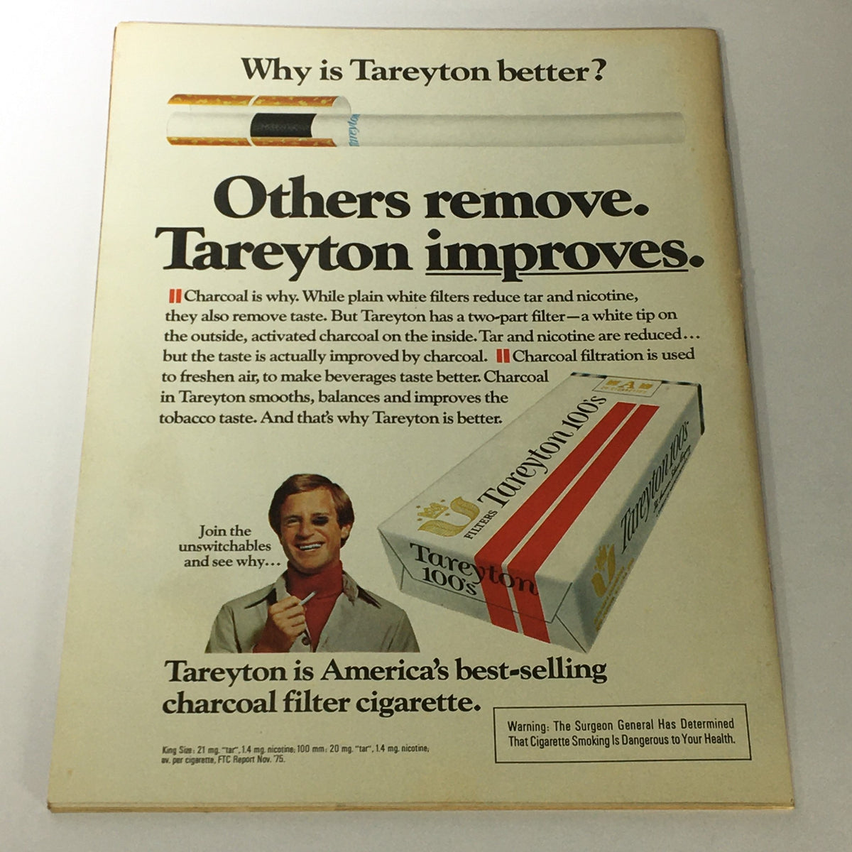 Advertisement on the back cover of a vintage magazine promoting Tareyton cigarettes, showcasing their unique charcoal filter.