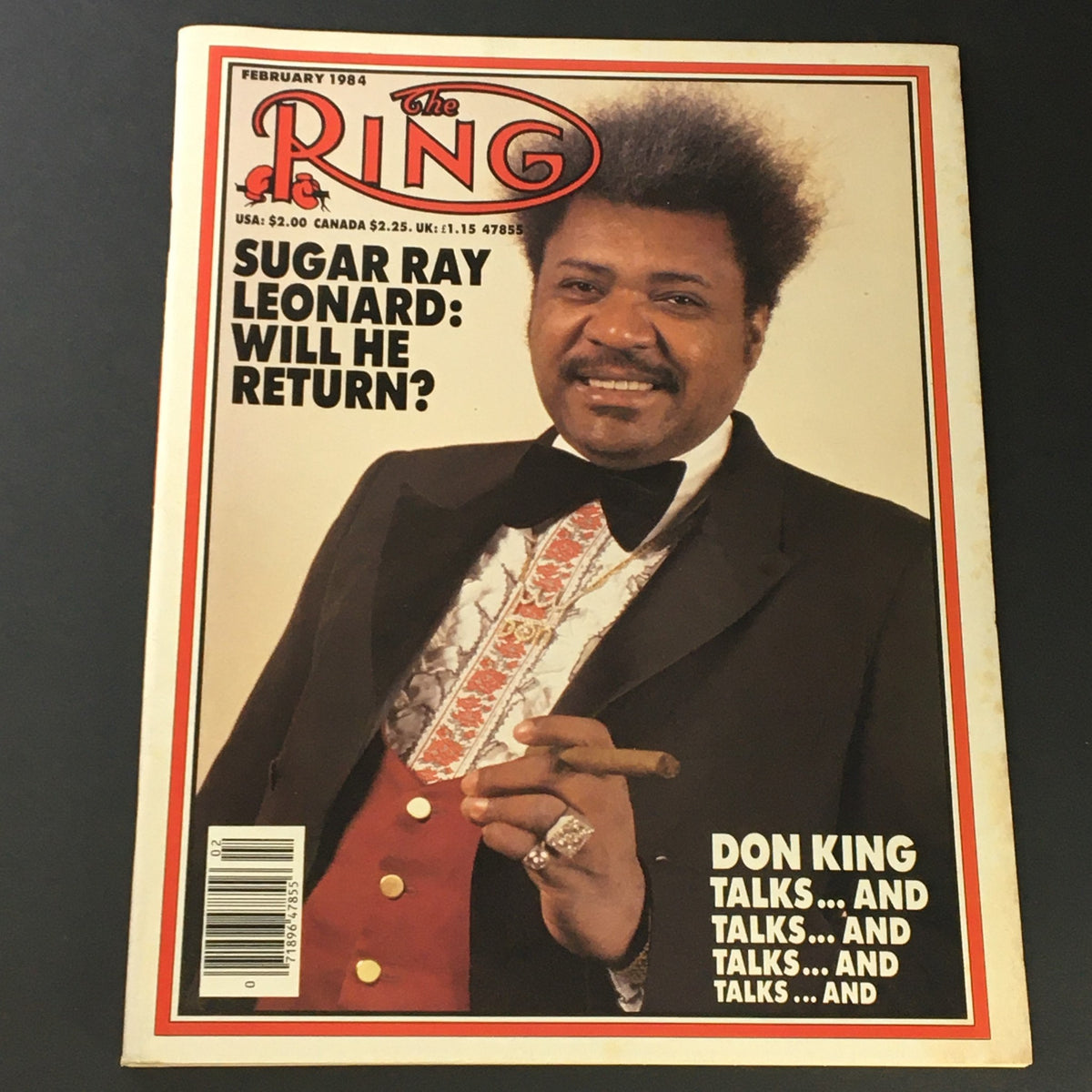 Cover of VTG The Ring Magazine February 1984 featuring Sugar Ray Leonard and Don King, highlighting articles about boxing history and the sport's cultural significance.