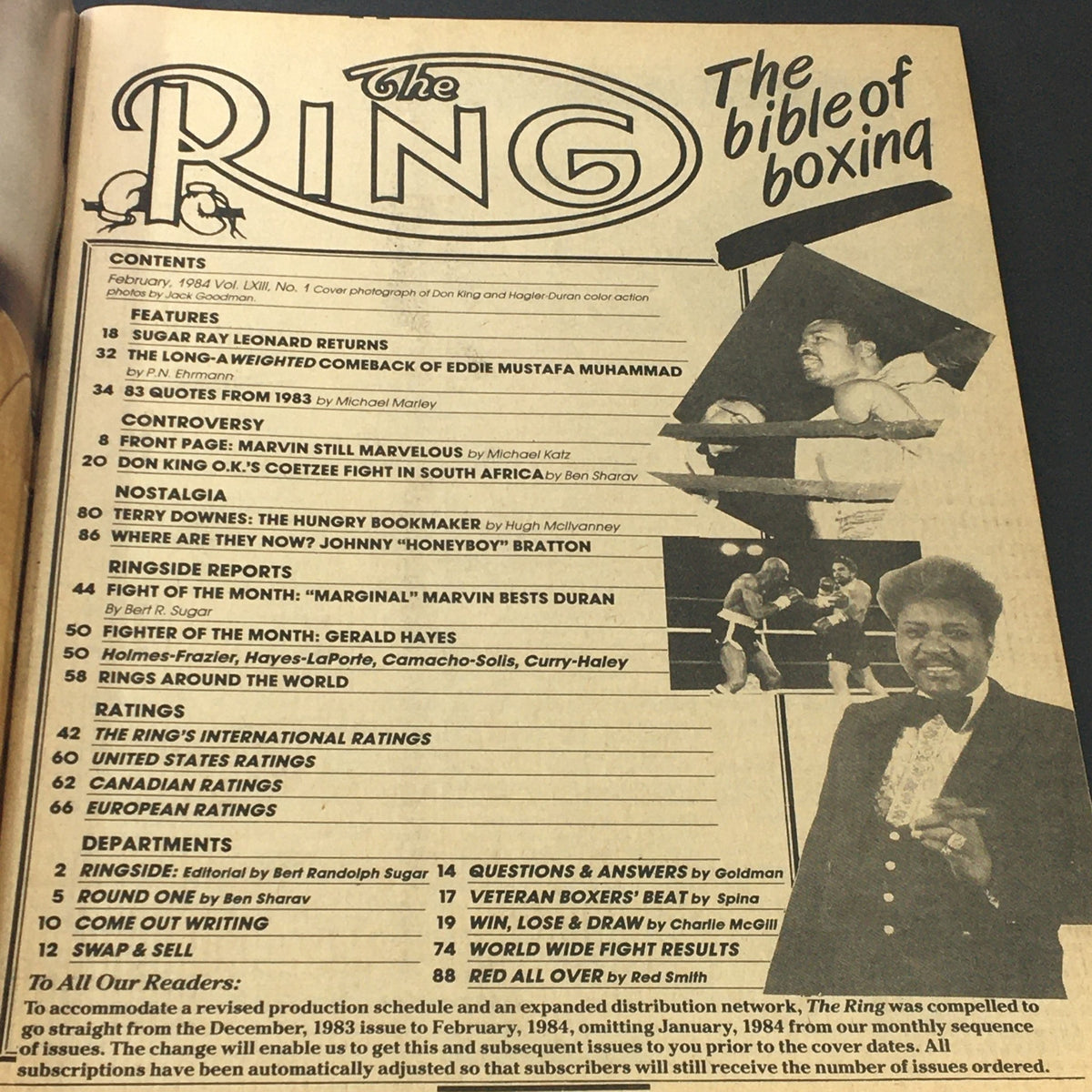 Contents page of VTG The Ring Magazine February 1984, showcasing features and articles including Sugar Ray Leonard's return and significant boxing events.