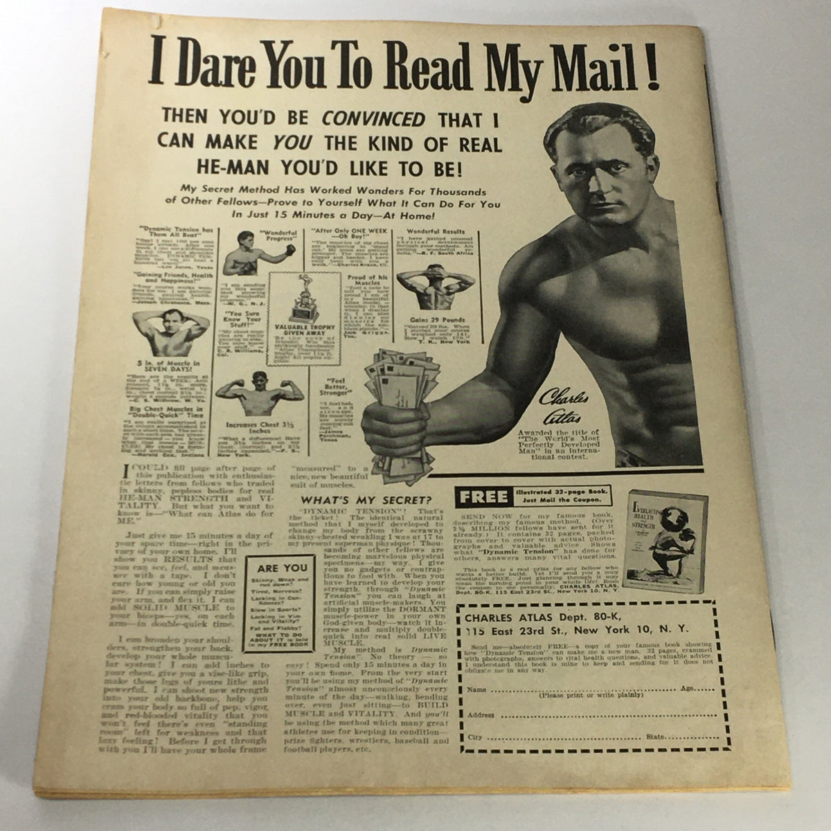 Back cover of VTG The Ring Magazine October 1957, displaying an advertisement for Charles Atlas training program, emphasizing fitness and bodybuilding.