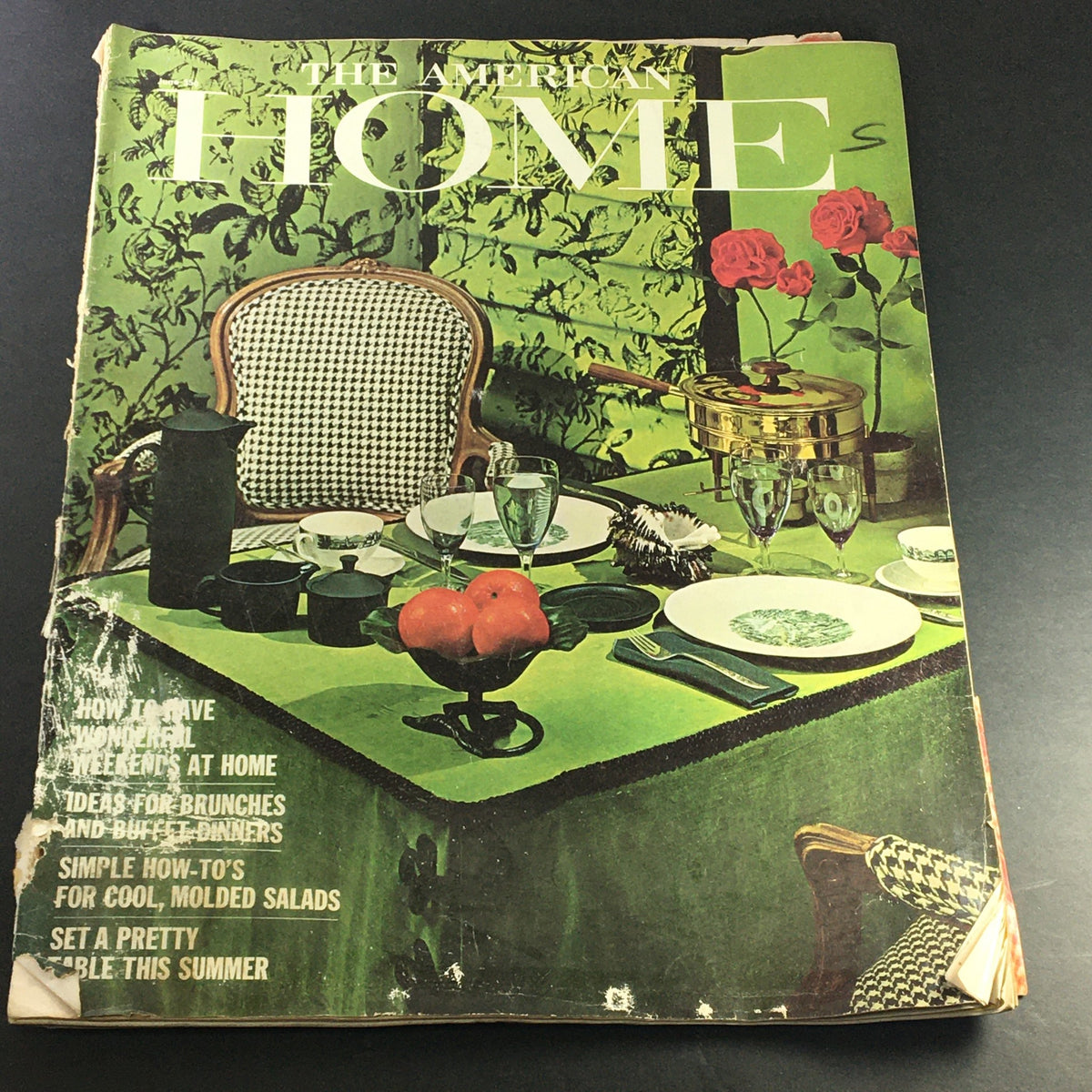 Cover of VTG The American Home Magazine June 1964 Vol 67 #5 showcasing a vibrant green kitchen scene with checkered patterns and floral decor.