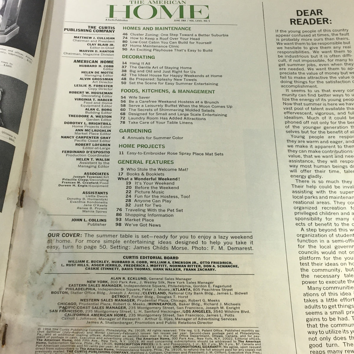 Table of contents from VTG The American Home Magazine June 1964 Vol 67 #5, featuring various articles on home decoration, food, and gardening.