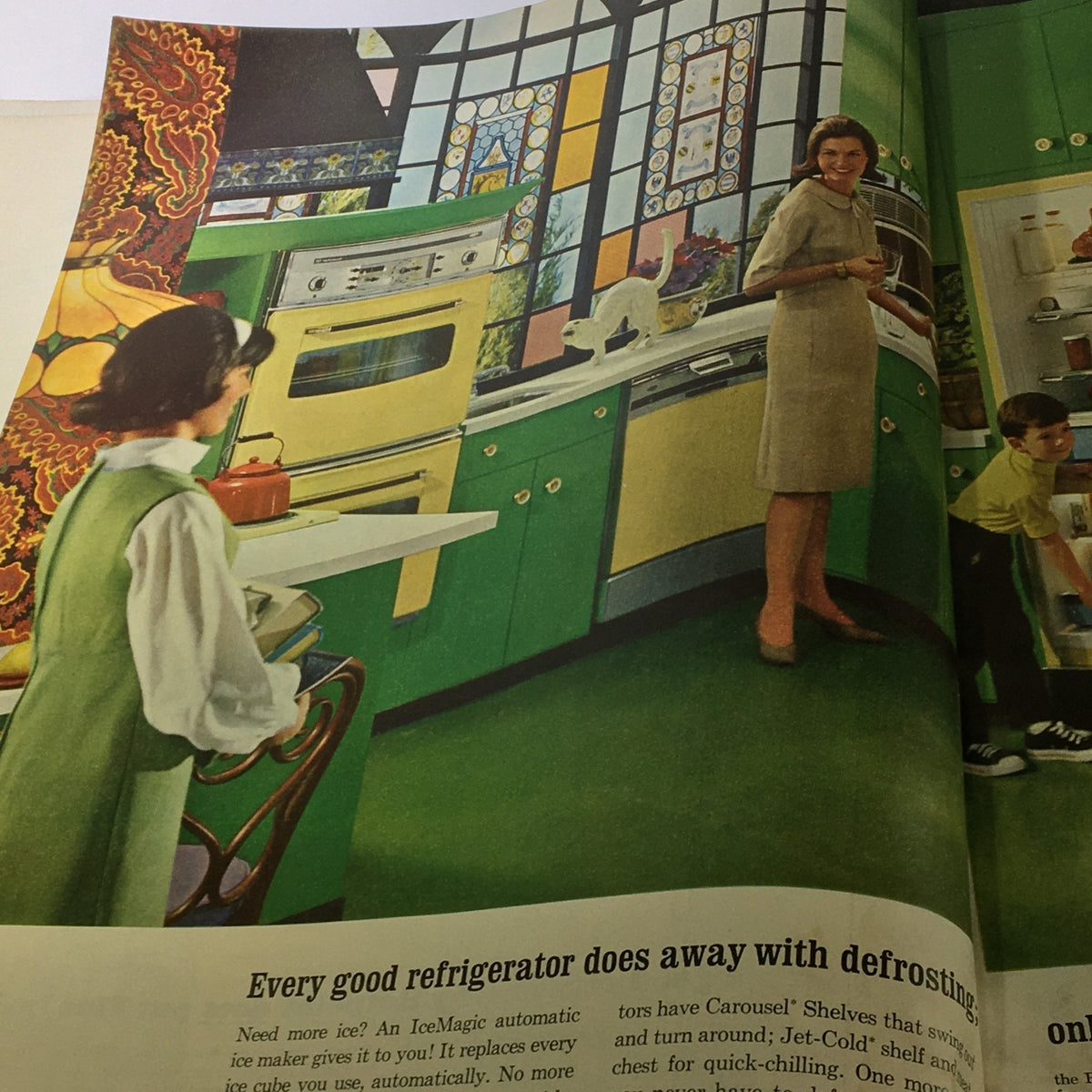 Title: VTG The American Home Magazine June 1964 Vol 67 #5 Hang It All; Image depicts a vintage kitchen scene featuring a woman smiling in a vibrant green kitchen with patterned windows and vintage appliances.