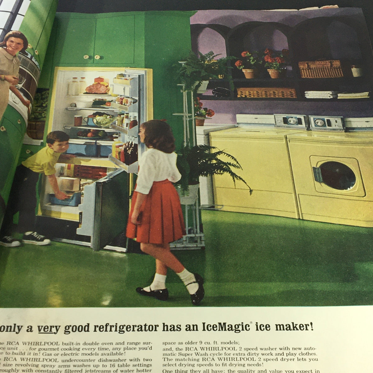 Title: VTG The American Home Magazine June 1964 Vol 67 #5 Hang It All; Image features a girl exploring a refrigerator in a colorful kitchen setting, emphasizing the era's family-centered home life.