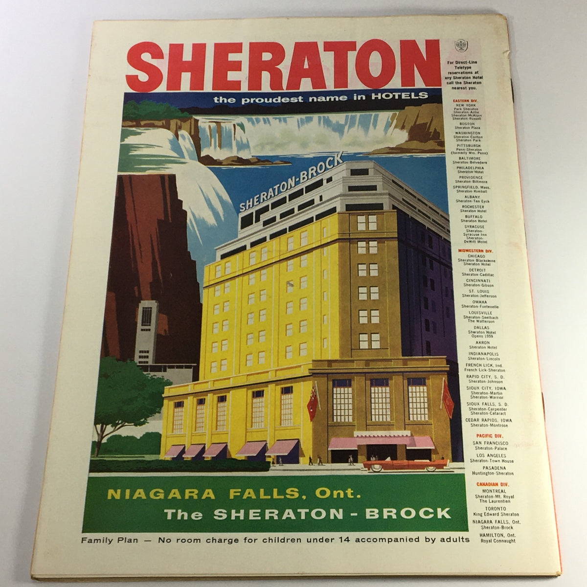 Back cover of VTG Time Magazine July 29 1957, featuring an advertisement for the Sheraton Brock Hotel in Niagara Falls, showcasing classic mid-20th century design.