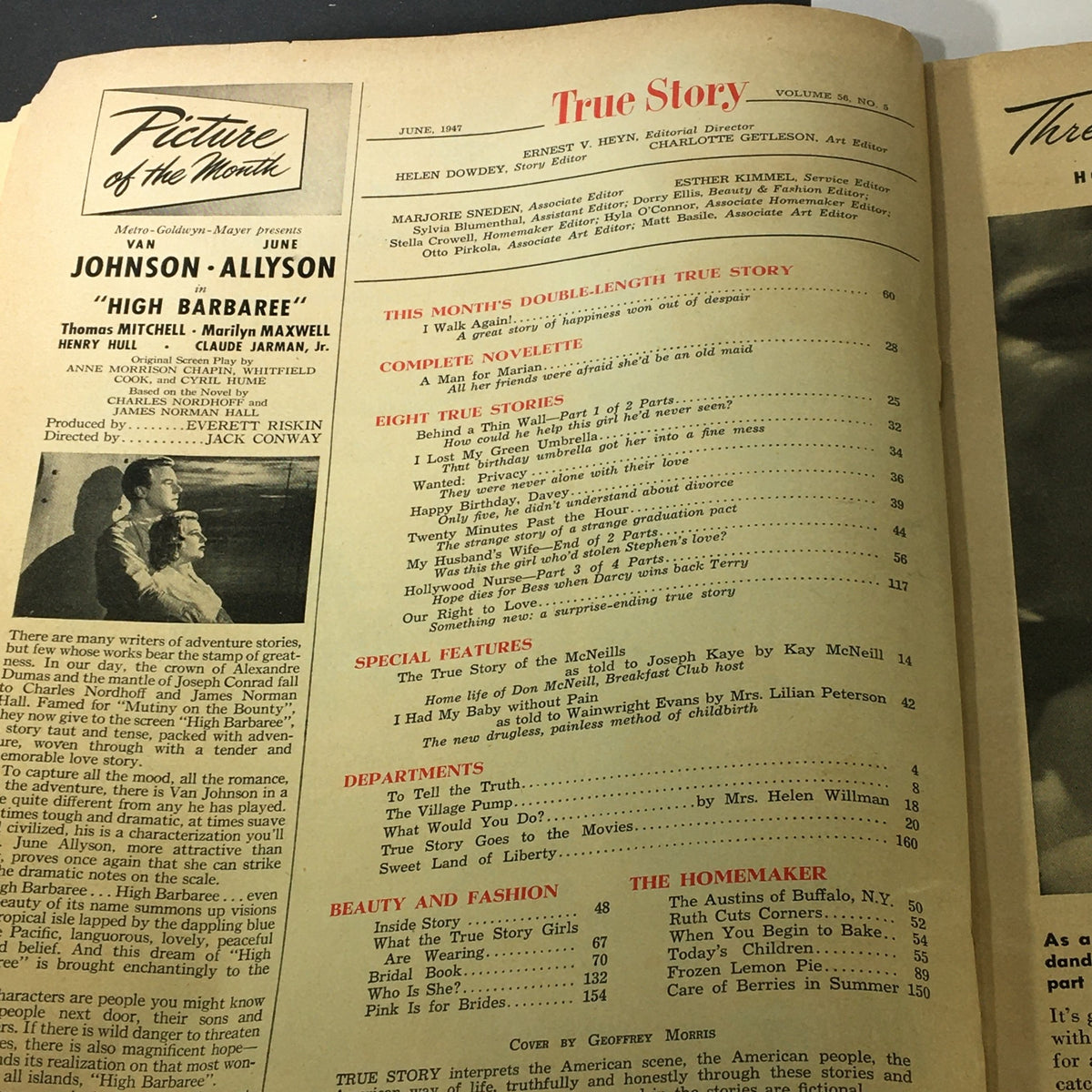 Inside page layout of True Story Magazine June 1947 Vol 56 #5 featuring a spotlight on Van Johnson and June Allyson, showcasing articles and features of the era.