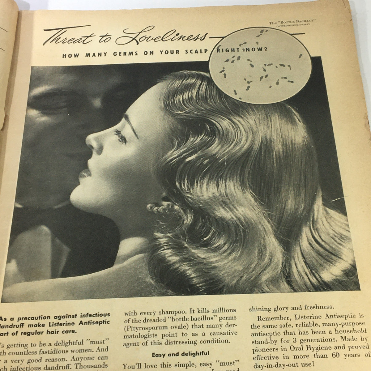 Page highlighting health advice from True Story Magazine June 1947 Vol 56 #5, focusing on beauty and hygiene with a vintage advertisement with a woman, highlighting the importance of scalp health.
