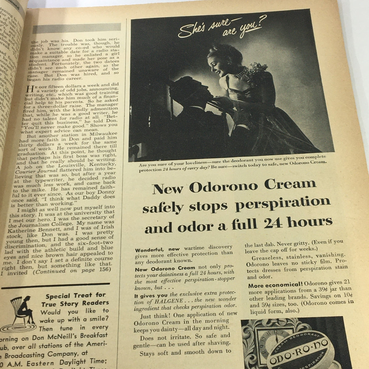 Advertisement page from True Story Magazine June 1947 Vol 56 #5 promoting Odorono Cream, emphasizing effective perspiration and odor control for women.