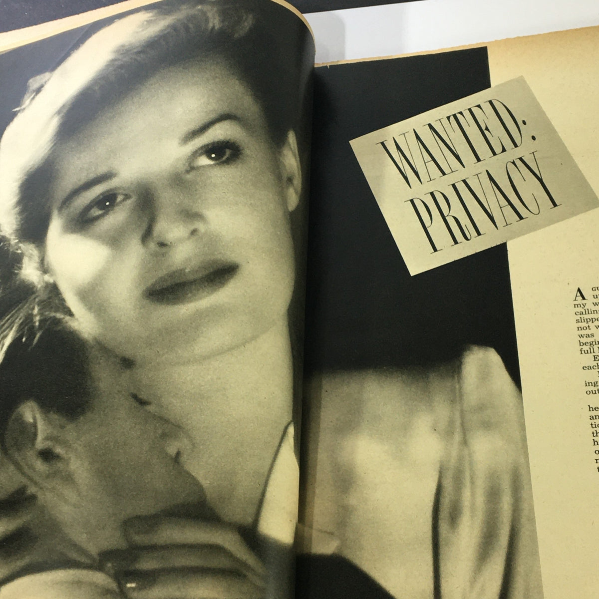 Double-page featuring a story titled 'Wanted: Privacy' from True Story Magazine June 1947 Vol 56 #5, displaying emotional themes with an intimate black-and-white image.