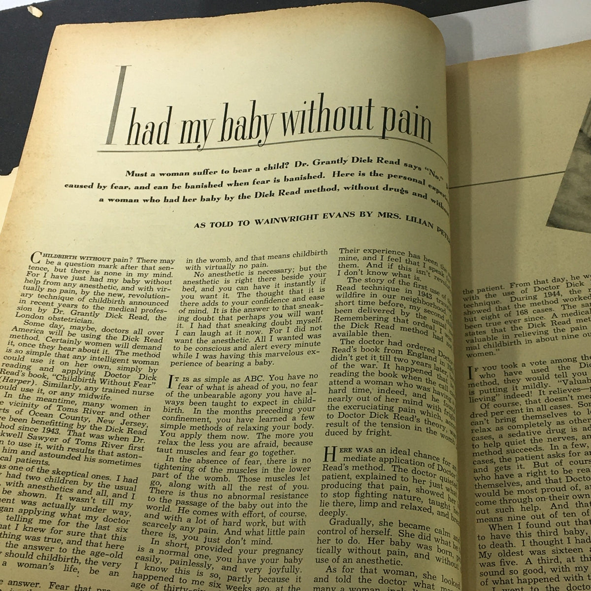Text page about childbirth experiences in True Story Magazine June 1947 Vol 56 #5, sharing personal anecdotes and the benefits of the Dick Read method.
