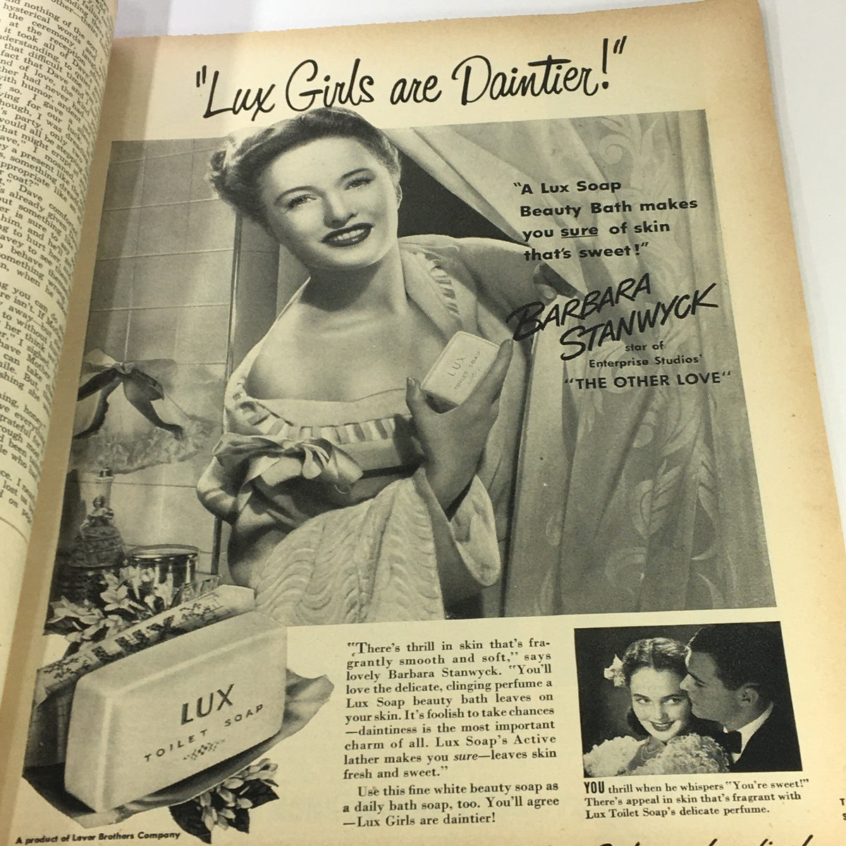 True Story Magazine June 1947 Vol 56 #5 showcasing a vintage advertisement for Lux Soap with actress Barbara Stanwyck promoting beauty and elegance.