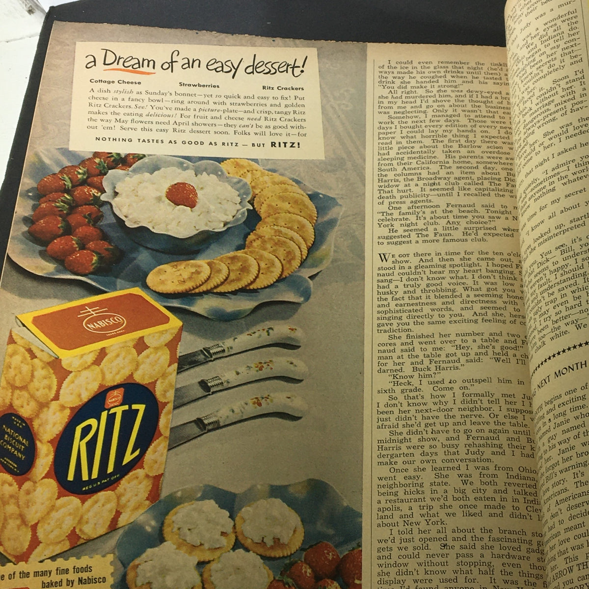 True Story Magazine June 1947 Vol 56 #5 featuring a vintage food advertisement for Ritz Crackers, showcasing a delicious dessert idea with strawberries.