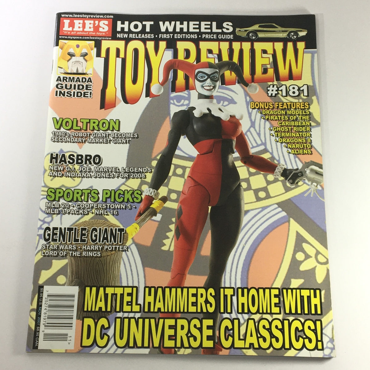 Cover of Toy Review Magazine November 2007 #181 featuring Harley Quinn and Hot Wheels, showcasing the latest in collectible toys and articles.