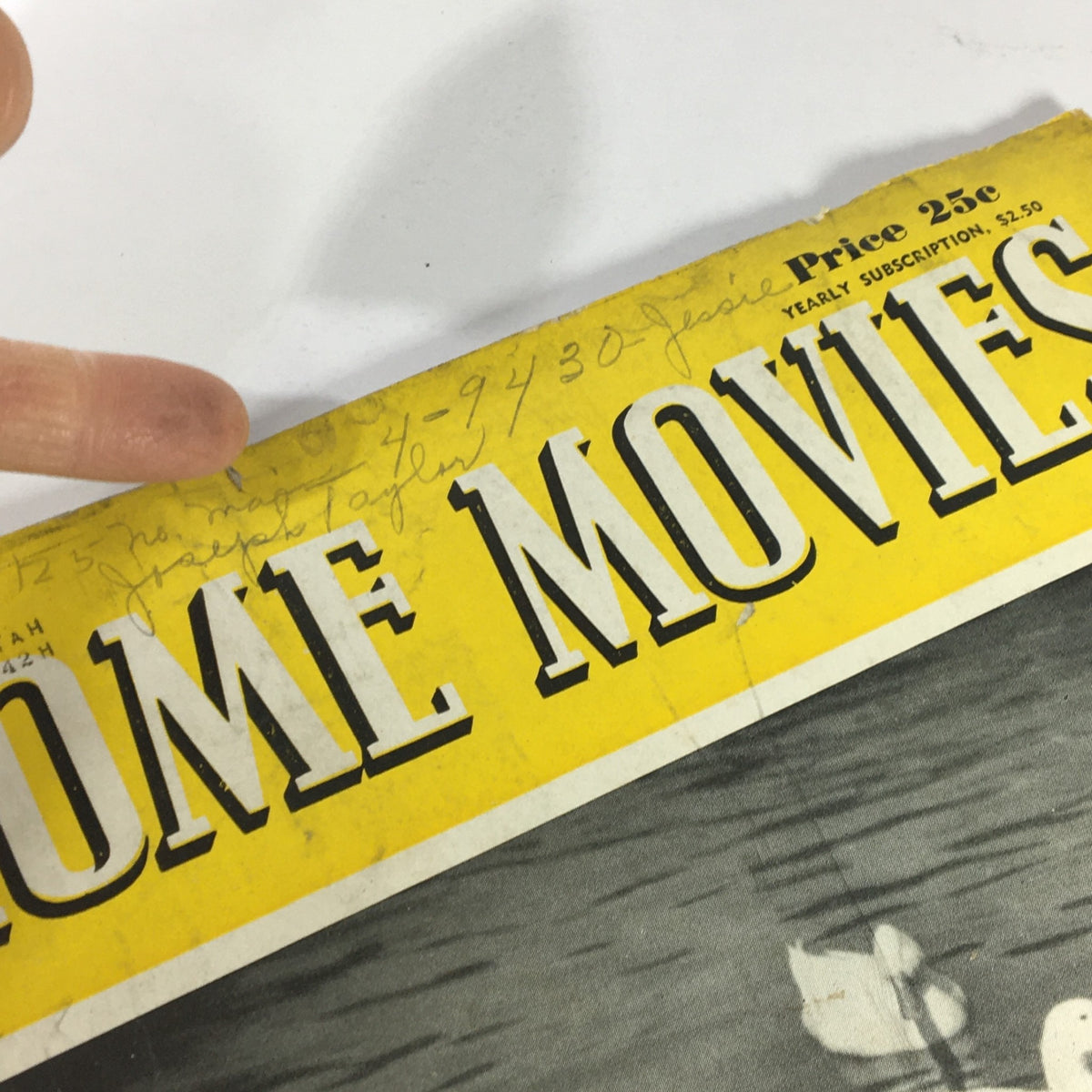 Detail of the top of the VTG Home Movies Magazine September 1942 #9 Vol 9 with handwritten notes and an advertising section, reflecting the magazine's charm and historical significance.