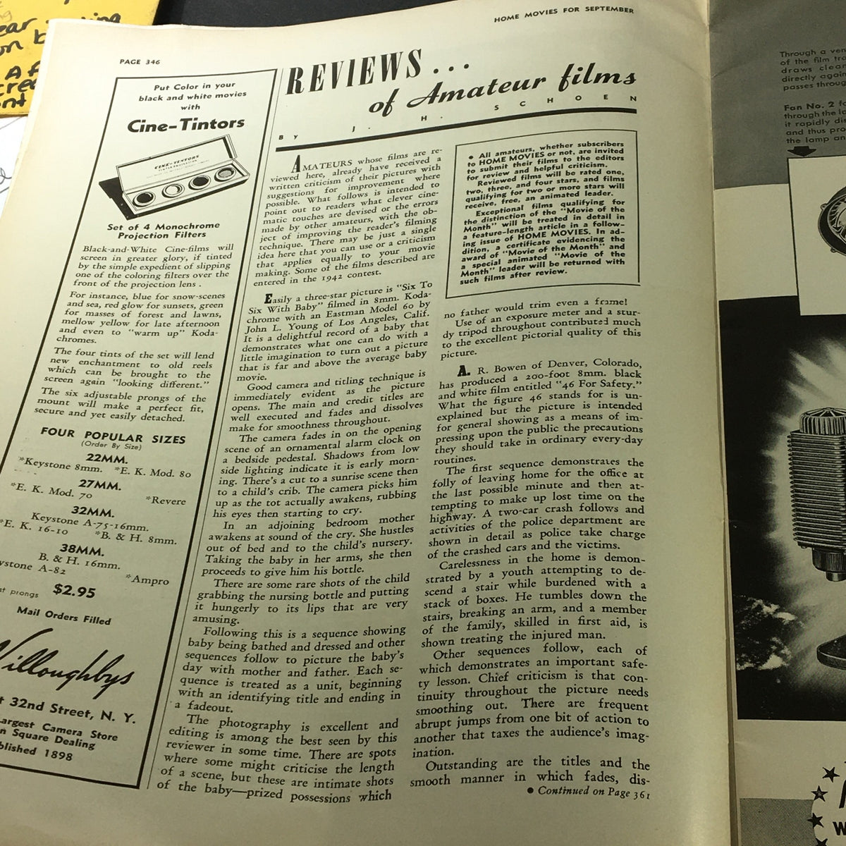 Interior page showcasing reviews of amateur films in VTG Home Movies Magazine September 1942 #9 Vol 9, highlighting film critiques and insights.
