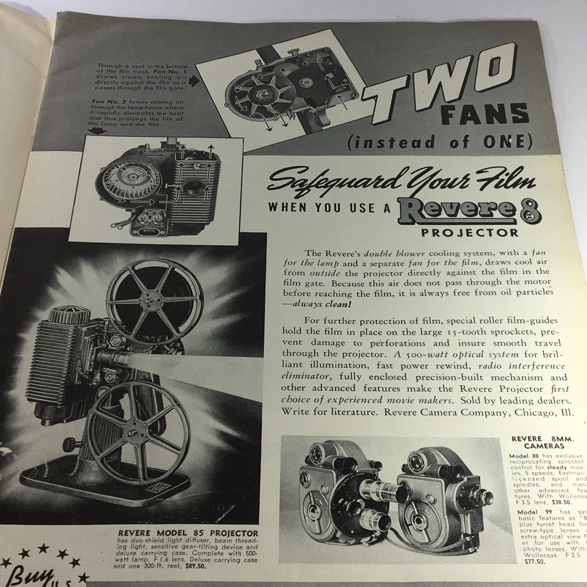 Advertisement page for Revere 8 Projector in VTG Home Movies Magazine September 1942 #9 Vol 9, detailing features and benefits of this film projector.
