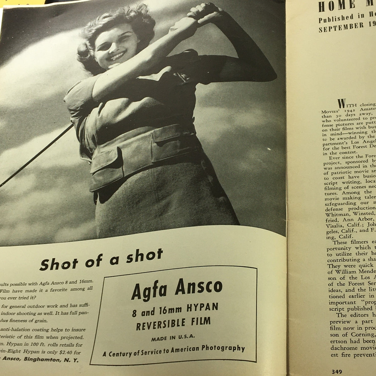 Promotional image for Agfa Ansco film products in VTG Home Movies Magazine September 1942 #9 Vol 9, showcasing film stock qualities.