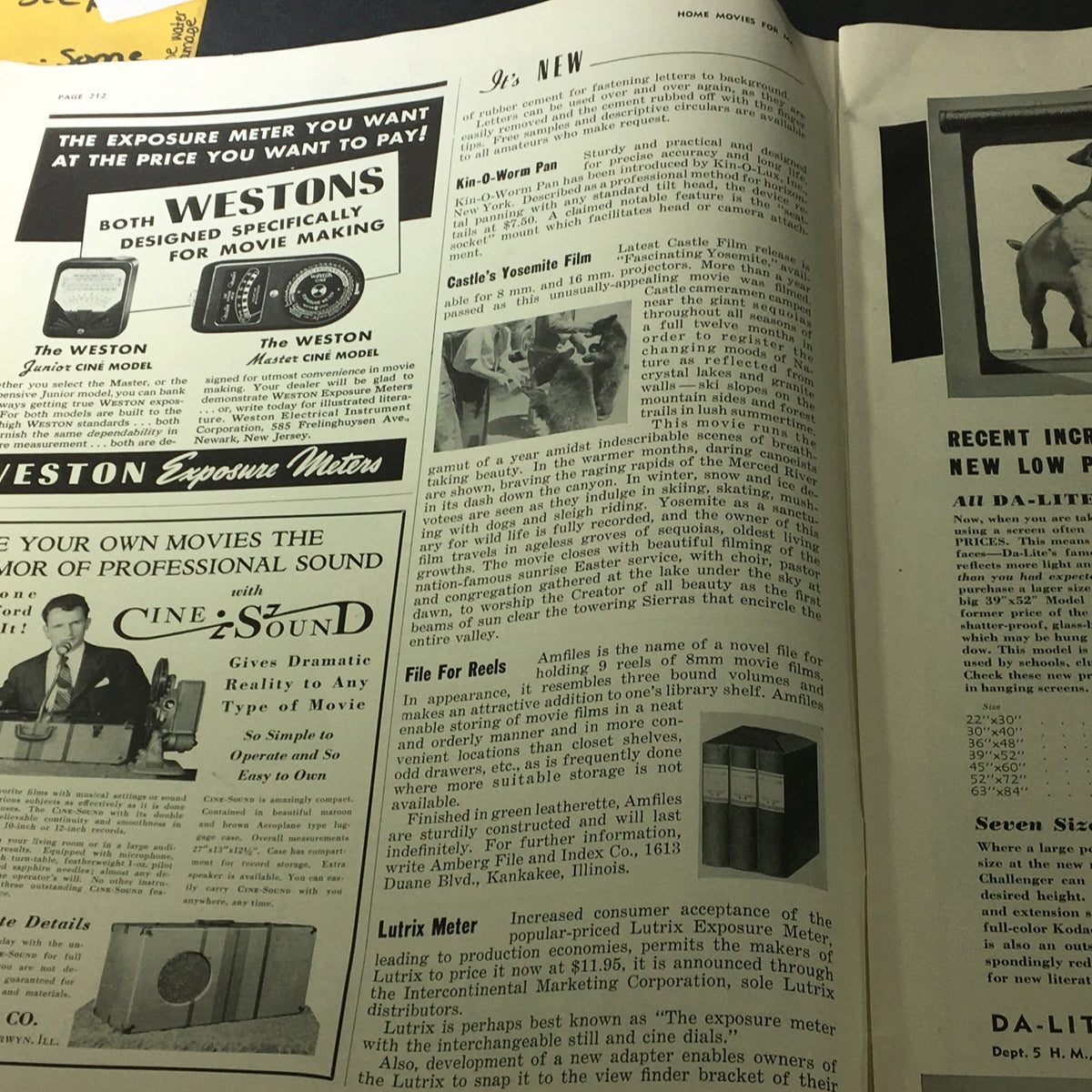 Interior page from VTG Home Movies Magazine May 1941, featuring advertisements related to movie making and home film equipment.