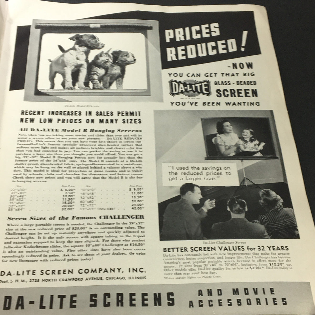 Vintage advertisement for DA-LITE hanging screens featured in VTG Home Movies Magazine May 1941, showcasing reduced prices and various screen sizes.