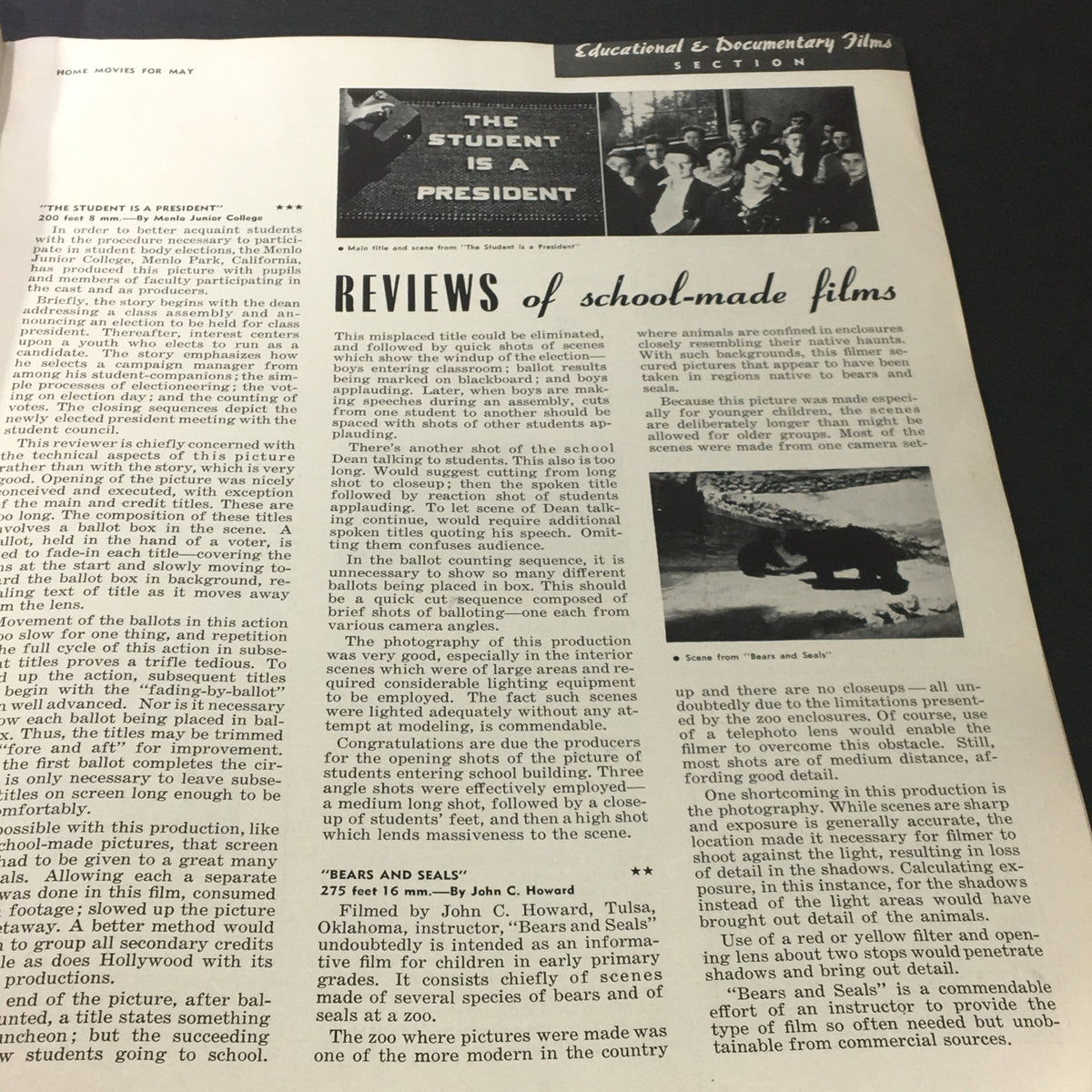 Article with reviews of school-made films featured in VTG Home Movies Magazine May 1941, examining production techniques and educational filmmaking.