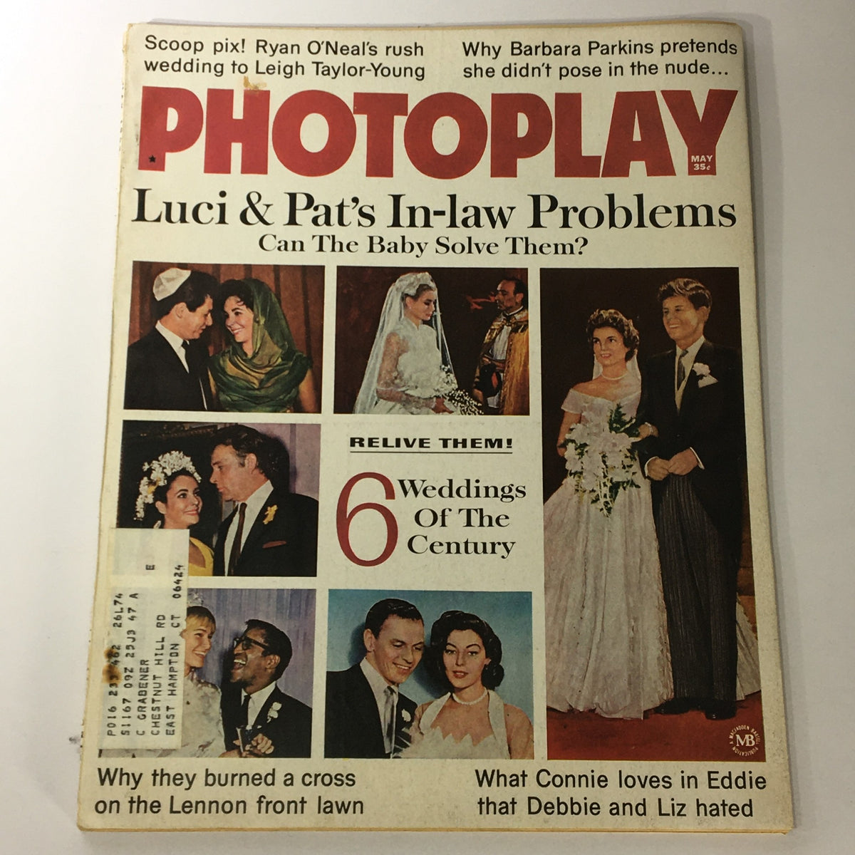 Cover of the vintage Photoplay Magazine from May 1967 featuring Ryan O'Neal and Barbara Parkins. Highlights articles on Luci & Pat's In-law Problems and six weddings of the century.