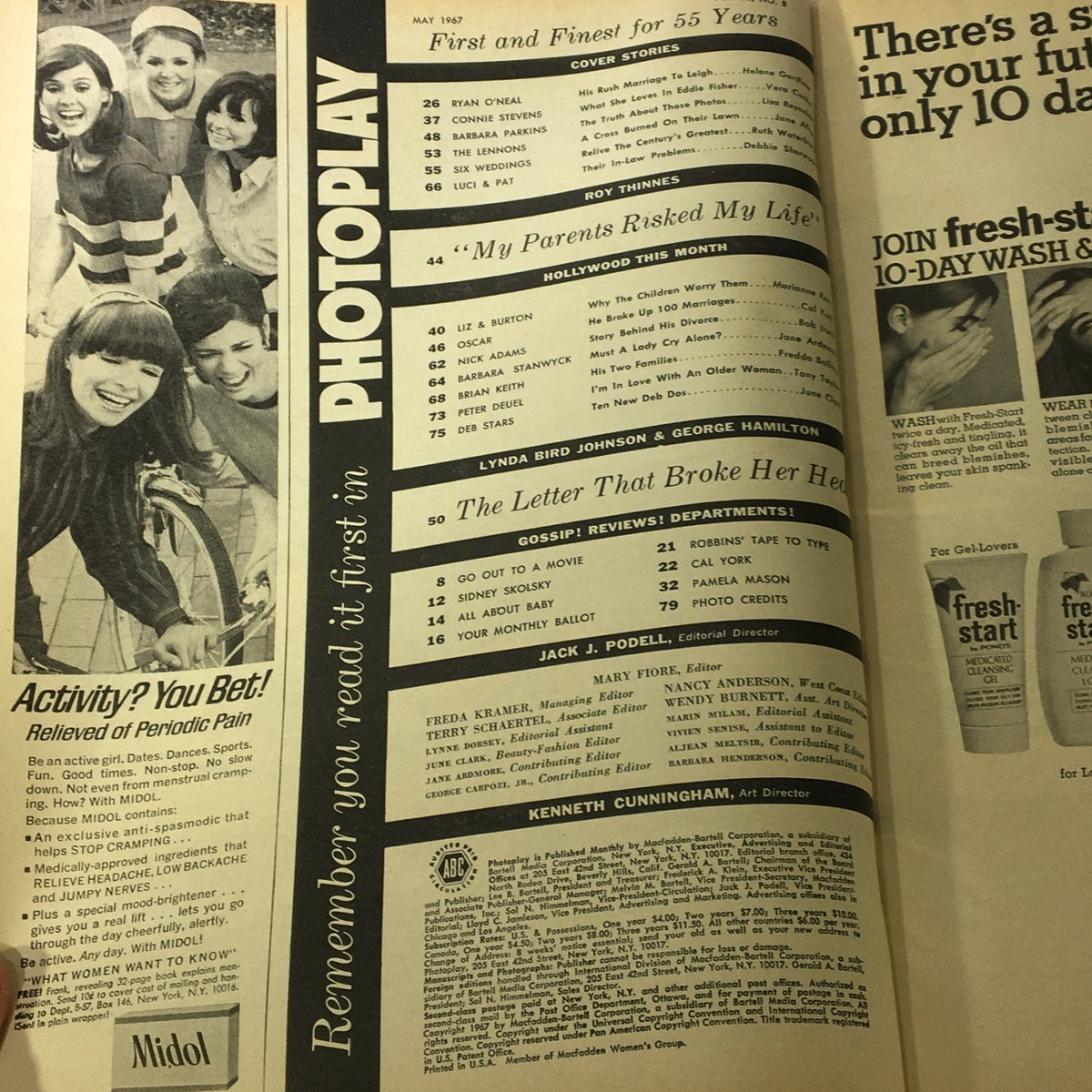 Interior page of VTG Photoplay Magazine May 1967 featuring cover stories and table of contents, showcasing prominent stars and articles.