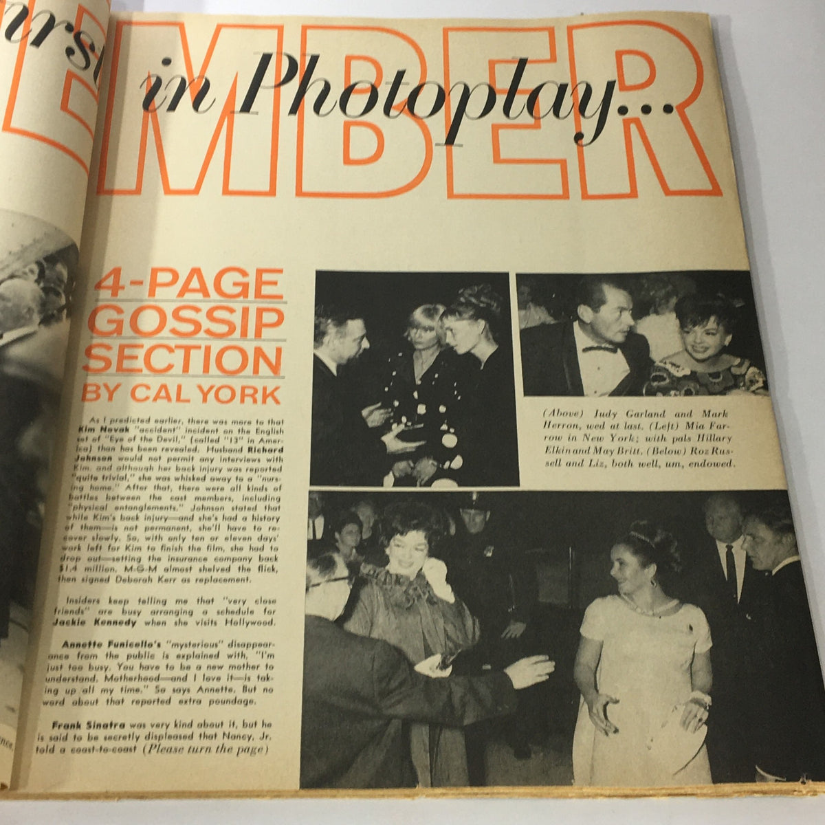 Inside spread of VTG Photoplay Magazine February 1966 showcasing the gossip section with photos of Judy Garland and other stars.