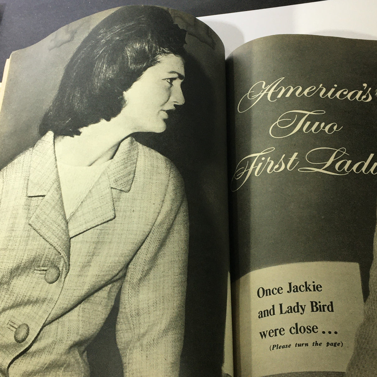 Vintage image from VTG Photoplay Magazine February 1966 featuring Jacqueline Kennedy Onassis, captured in profile.
