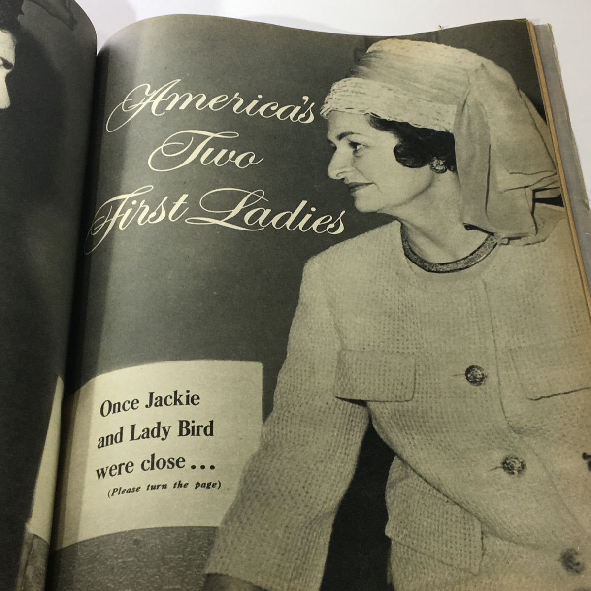 Image from VTG Photoplay Magazine February 1966 showing Lady Bird Johnson and Jacqueline Kennedy Onassis with a caption about their relationship.