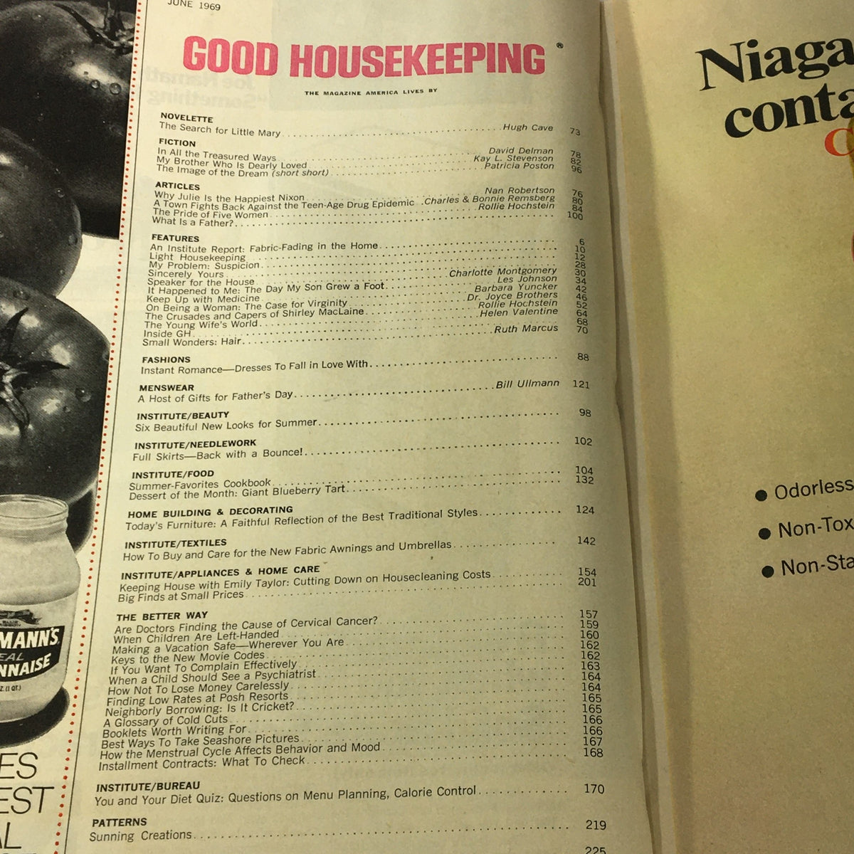 Table of contents of the June 1969 VTG Good Housekeeping Magazine showcasing articles and features from notable figures like Julie Nixon and Shirley MacLaine.
