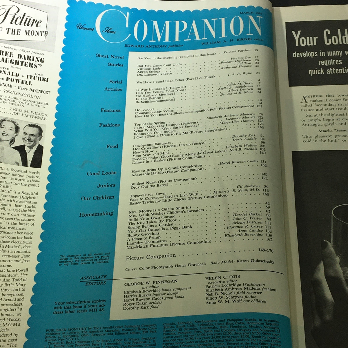 Table of contents page from VTG Woman's Home Companion Magazine March 1948 showcasing various articles and features.