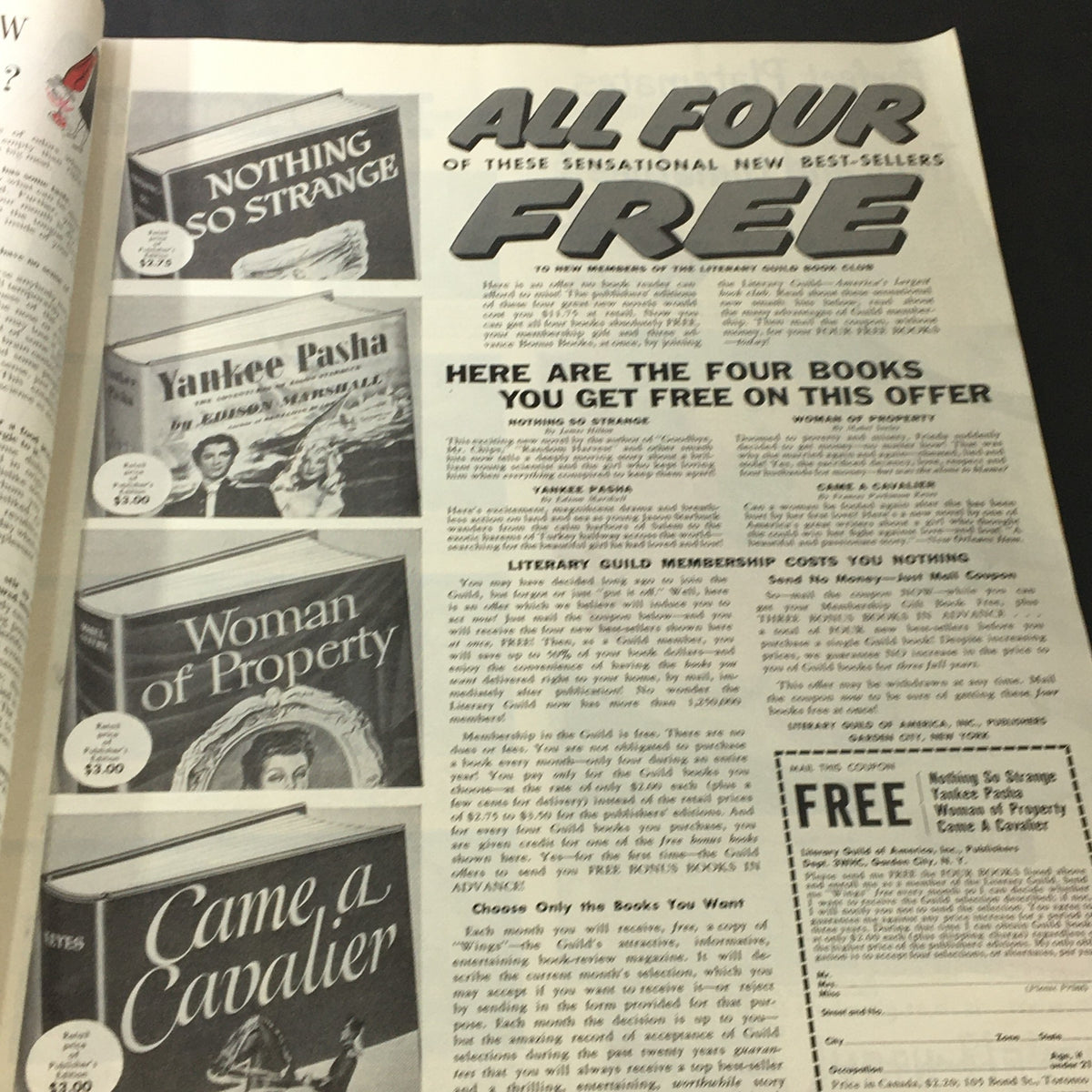 Advertisement page from VTG Woman's Home Companion Magazine March 1948 promoting free books to new members of the Literary Guild.