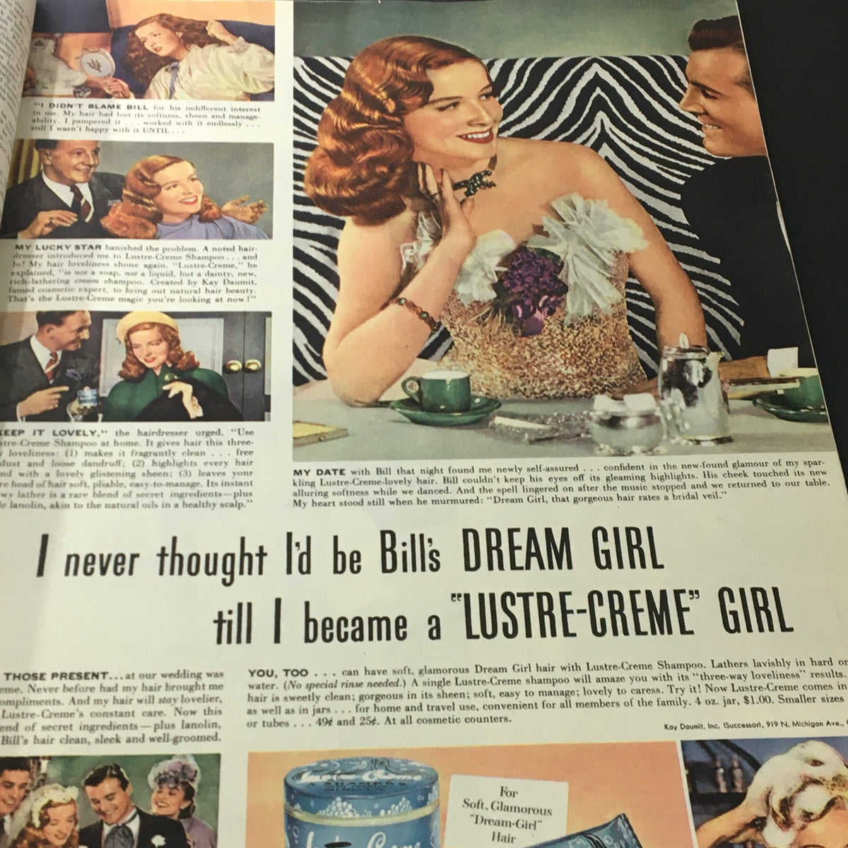 VTG Woman's Home Companion Magazine March 1948 displaying a glamorous advertisement for Lustre-Creme Shampoo with a featured girl.
