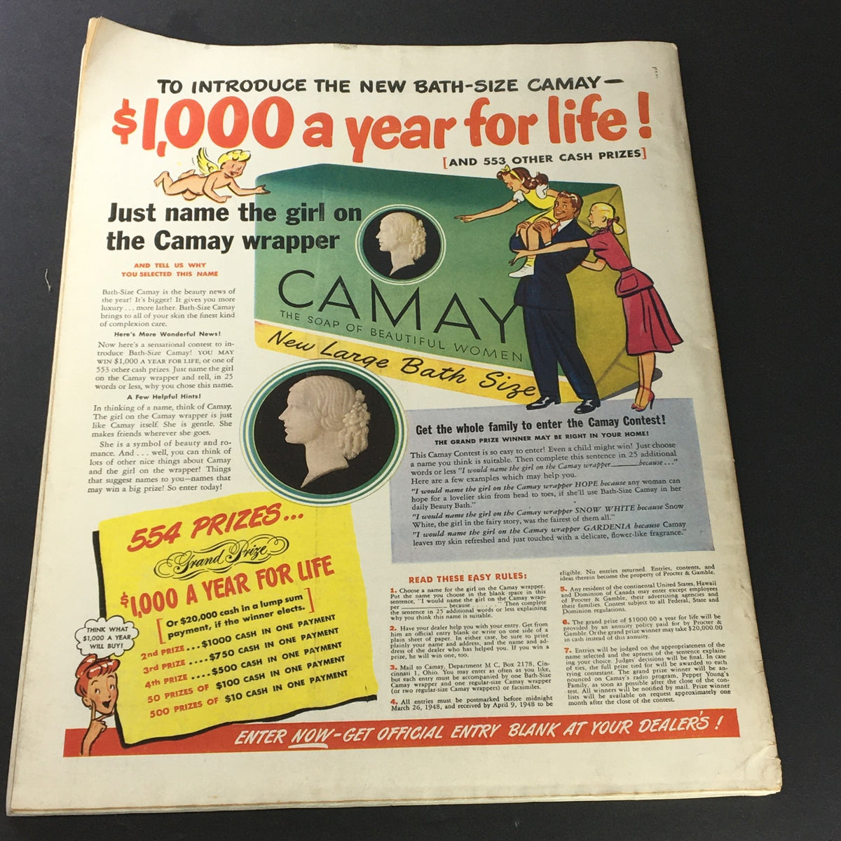 Vintage advertisement page featuring Camay soap to introduce the new bath-size Camay, offering a contest with cash prizes, from the VTG Woman's Home Companion Magazine March 1948 edition.