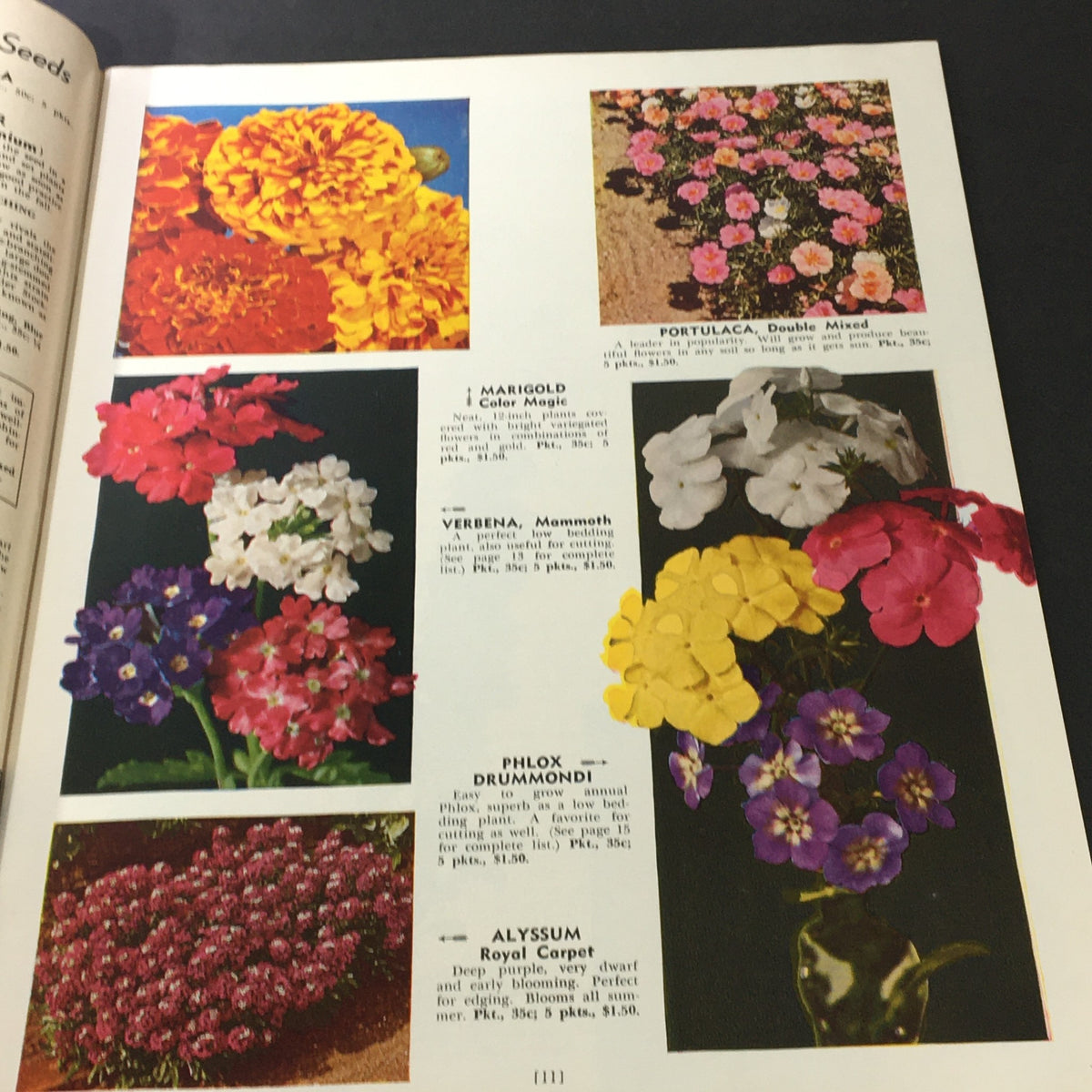 Vintage The Book for Garden Lovers Spring 1954 showcasing vibrant flower seed options including marigolds, verbena, phlox, and alyssum.