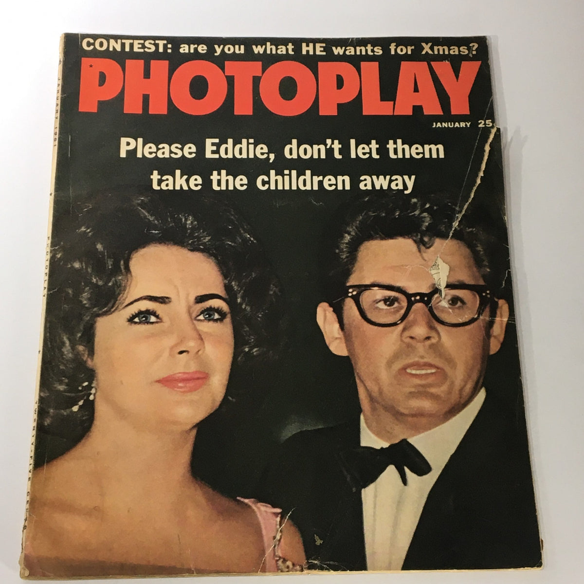 Cover of VTG Photoplay Magazine January 1961 featuring Elizabeth Taylor and Eddie Fisher with a caption about children.