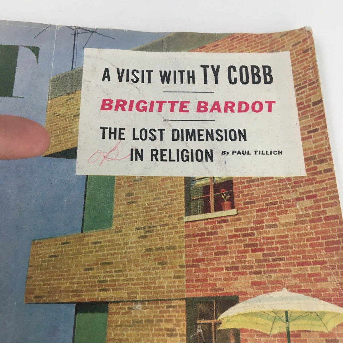 Close-up of the cover of The Saturday Evening Post June 14, 1958, showcasing the article titles, including 'A Visit with Ty Cobb' and 'The Lost Dimension in Religion'.
