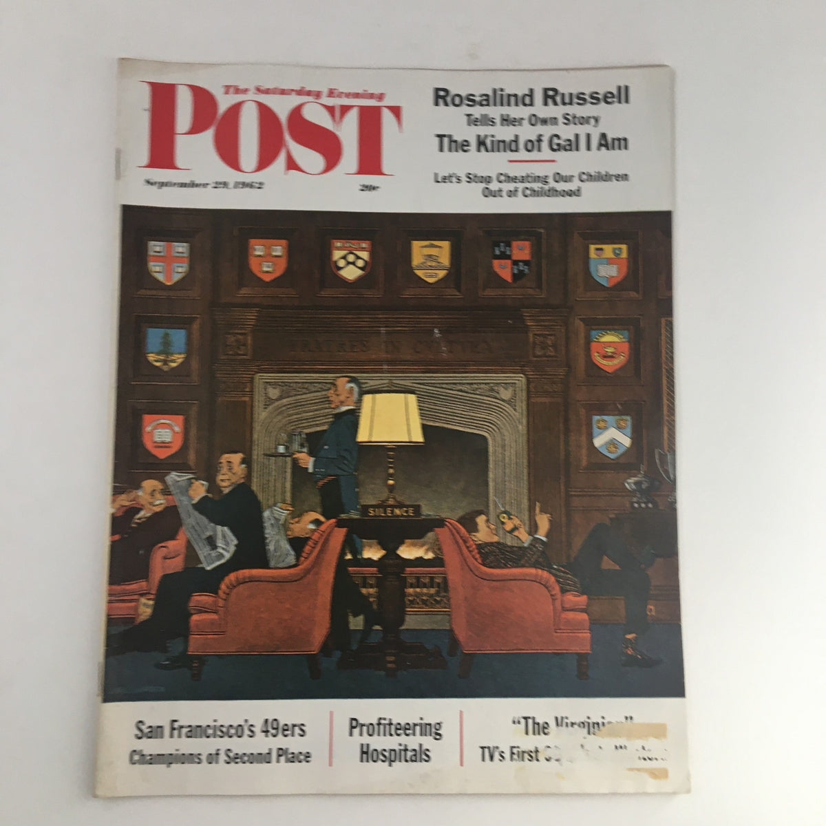 The Saturday Evening Post magazine cover from September 29, 1962, featuring Rosalind Russell's article 'Tells Her Own Story.' The cover depicts a relaxed gathering in an elegantly decorated room with people enjoying conversation.