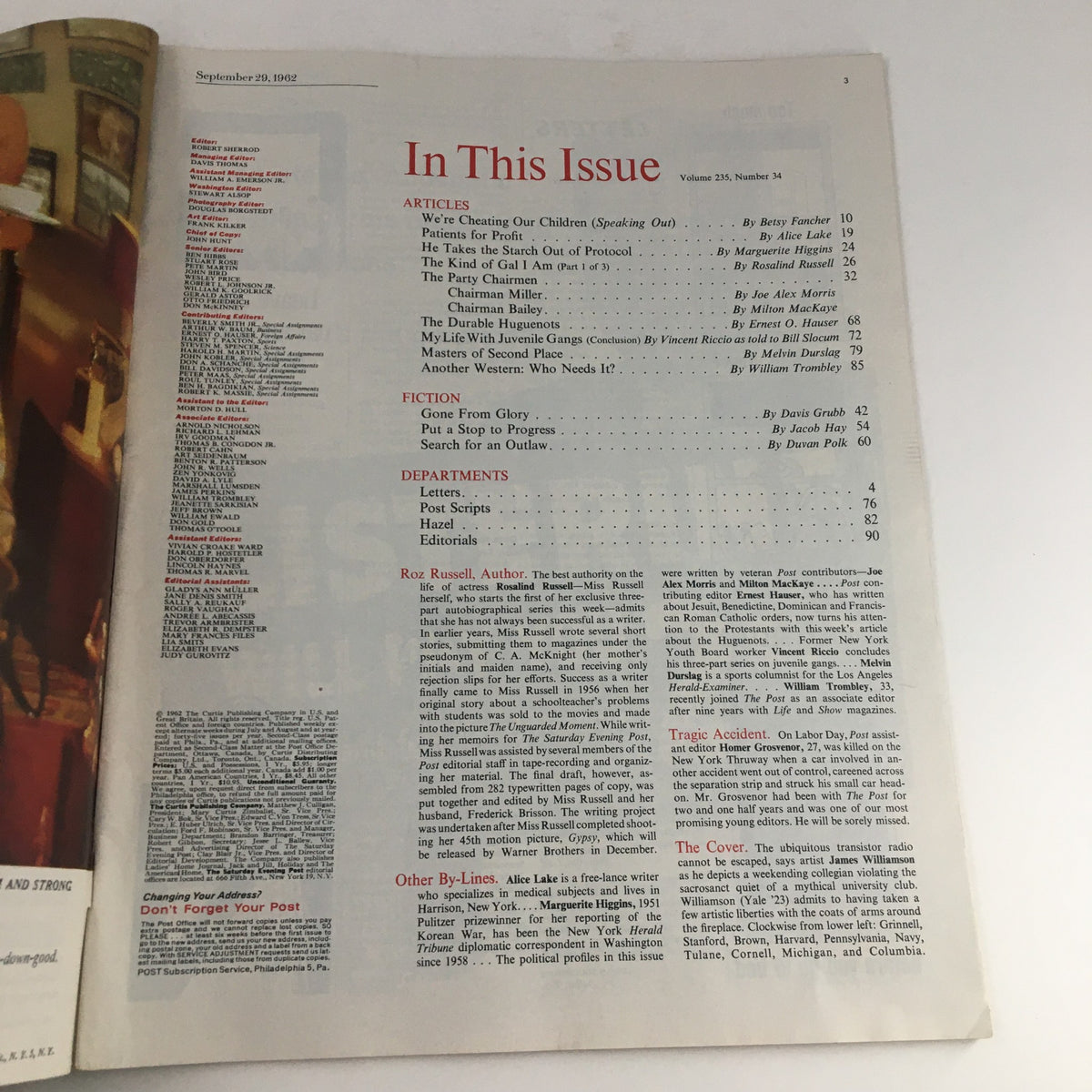 Inside page of The Saturday Evening Post from September 29, 1962, showcasing the table of contents and article list, including 'The Kind of Gal I Am' by Rosalind Russell. The layout highlights various articles and sections featured in this vintage issue.
