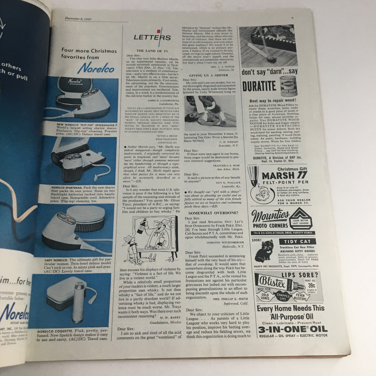 Interior page of The Saturday Evening Post from December 9, 1961, containing letters and advertisements, part of the magazine featuring the article 'My Views on Berlin' by Dwight D. Eisenhower.