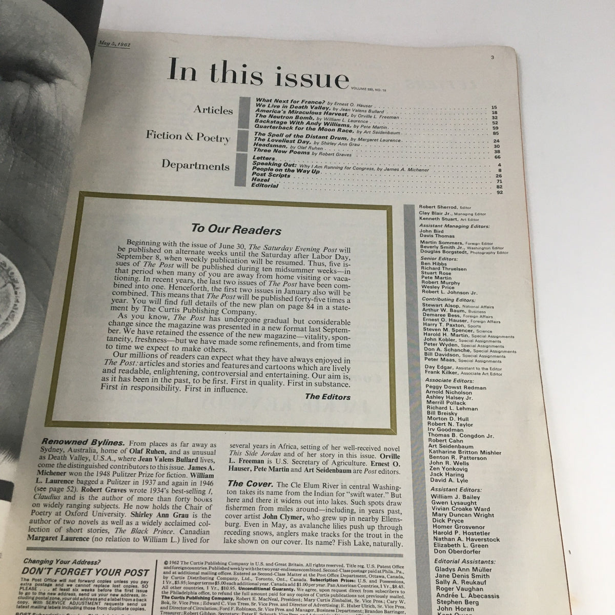 Interior page of the Saturday Evening Post May 5, 1962, displaying the table of contents along with editorial notes and article listings.