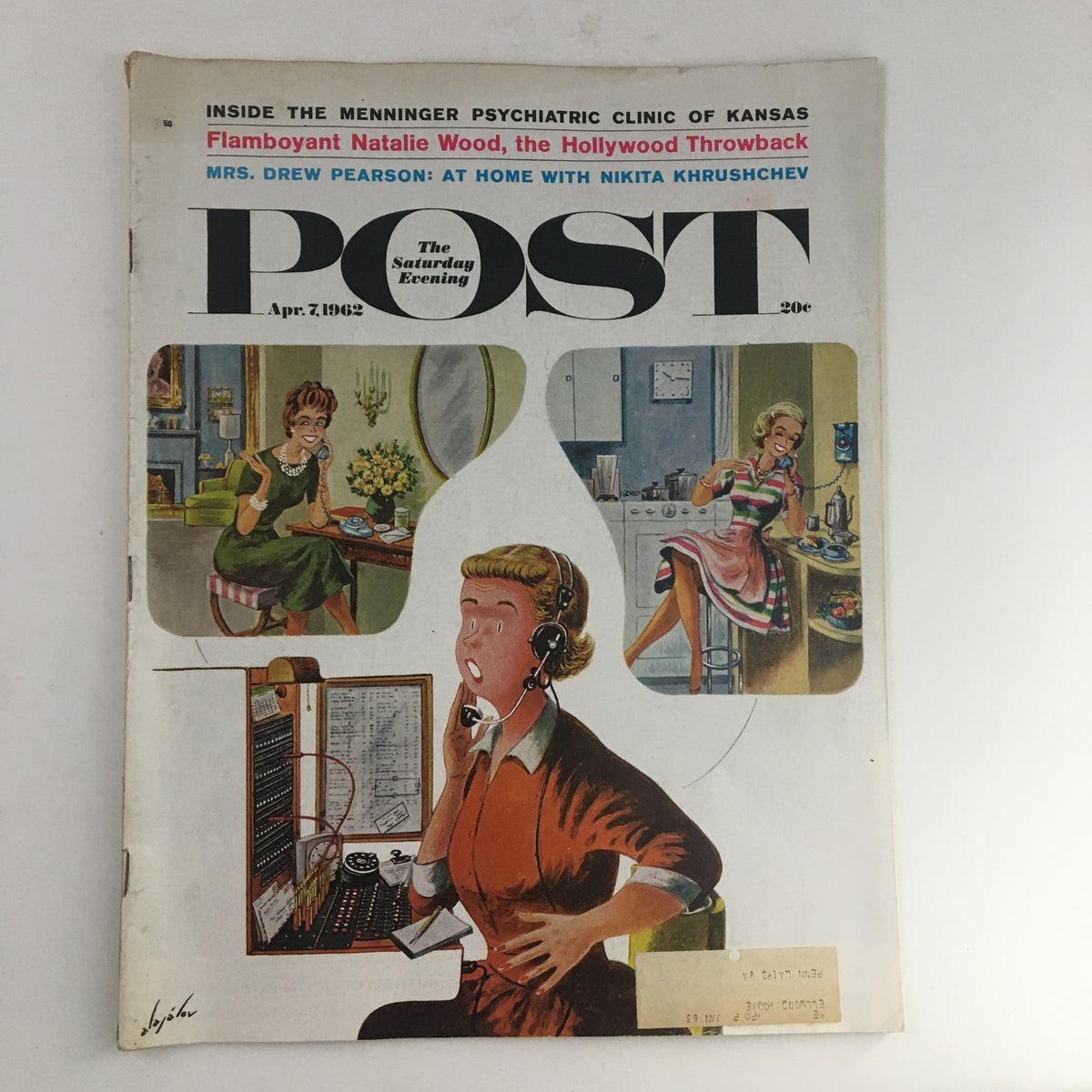 Cover of The Saturday Evening Post April 7 1962 featuring the flamboyant actress Natalie Wood surrounded by vintage illustrations, capturing the essence of 1960s pop culture.
