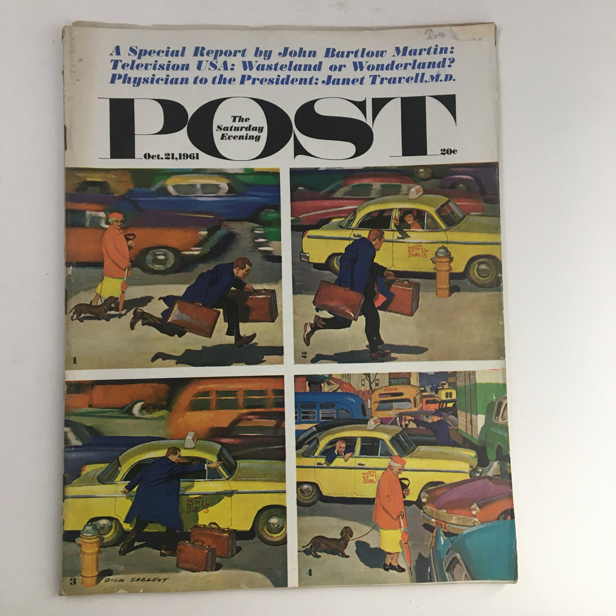 The Saturday Evening Post October 21, 1961, featuring a vintage magazine cover illustration with colorful scenes depicting urban life, including a man running with a briefcase, a taxi, and pedestrians, highlighting Miss Janet Travell, M.D.
