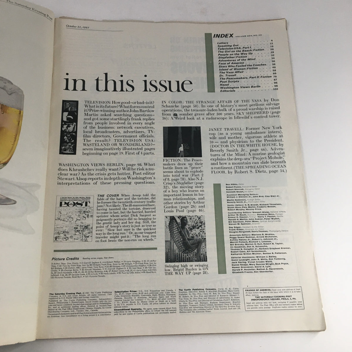 Inside page from The Saturday Evening Post October 21, 1961, featuring the index of the issue, which includes articles and highlights related to Janet Travell, M.D., and a variety of topics including television and international views.